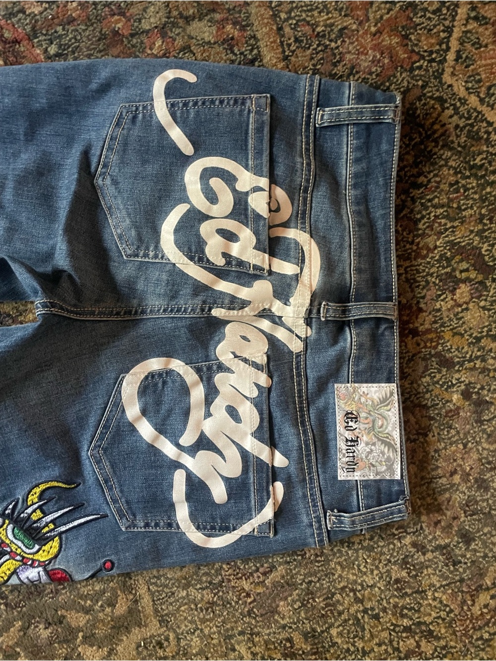 Ed Hardy New York City Skull Eagle Embroidered Flare Jeans Y2K Tattoo Denim
